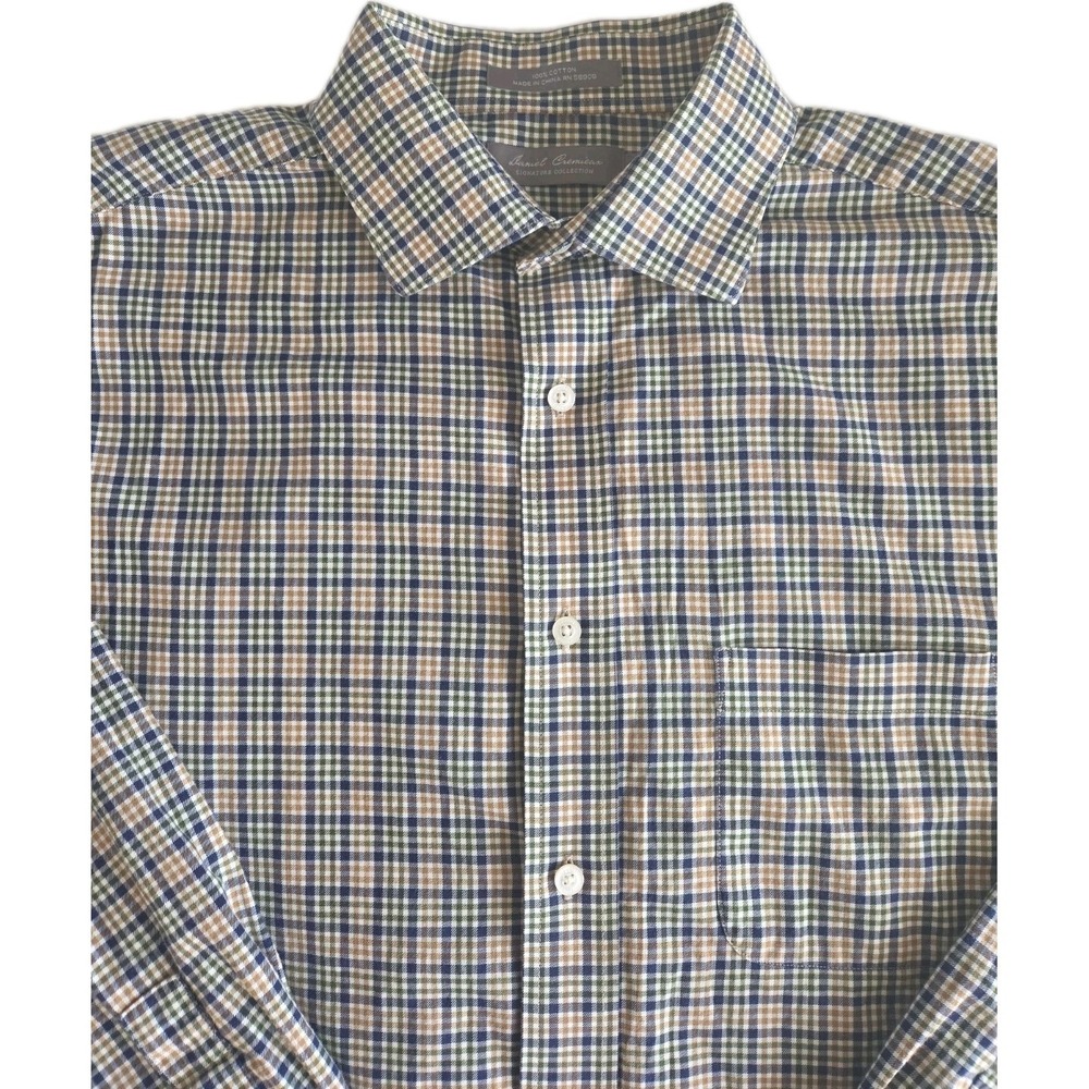 Daniel Cremieux Men's Large Button Shirt Cotton Long Sleeve Green Blue Tan Plaid
